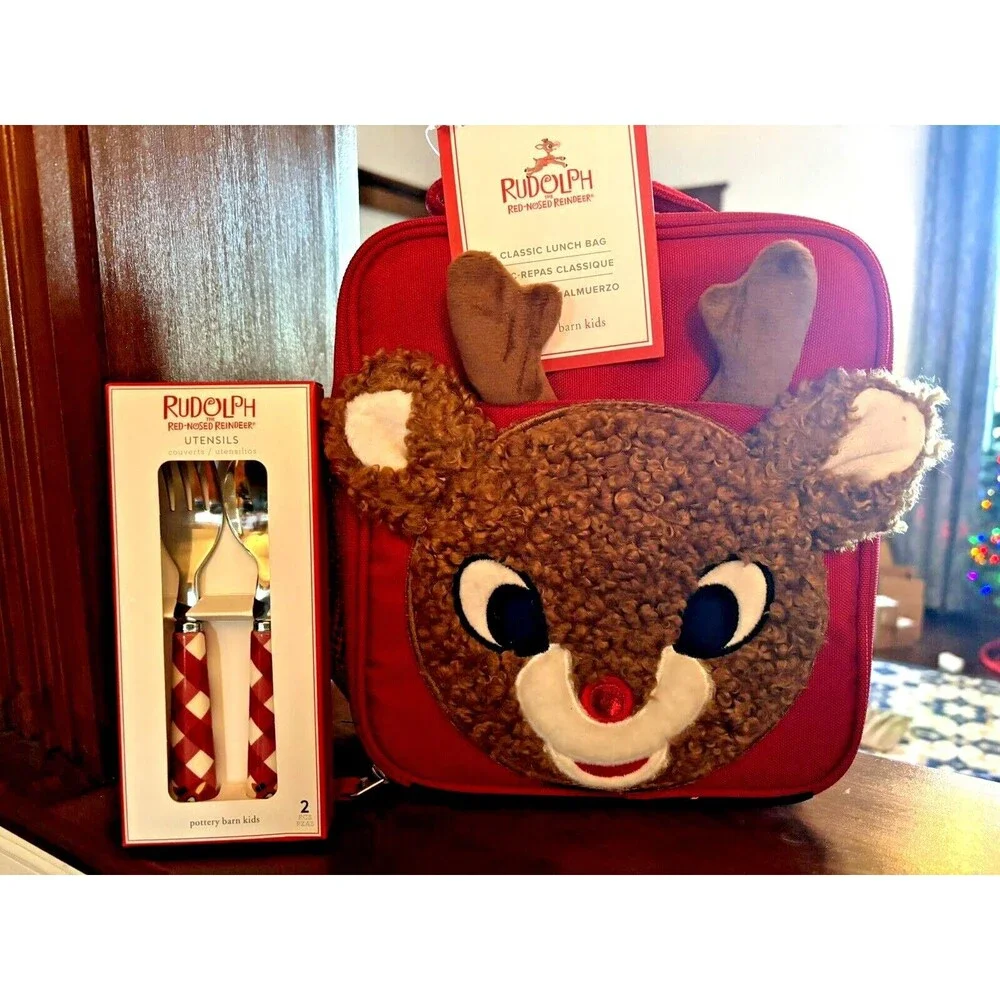 School Pottery barn Christmas holiday RUDOLPH LUNCH BOX BAG+Utensil gift pre /